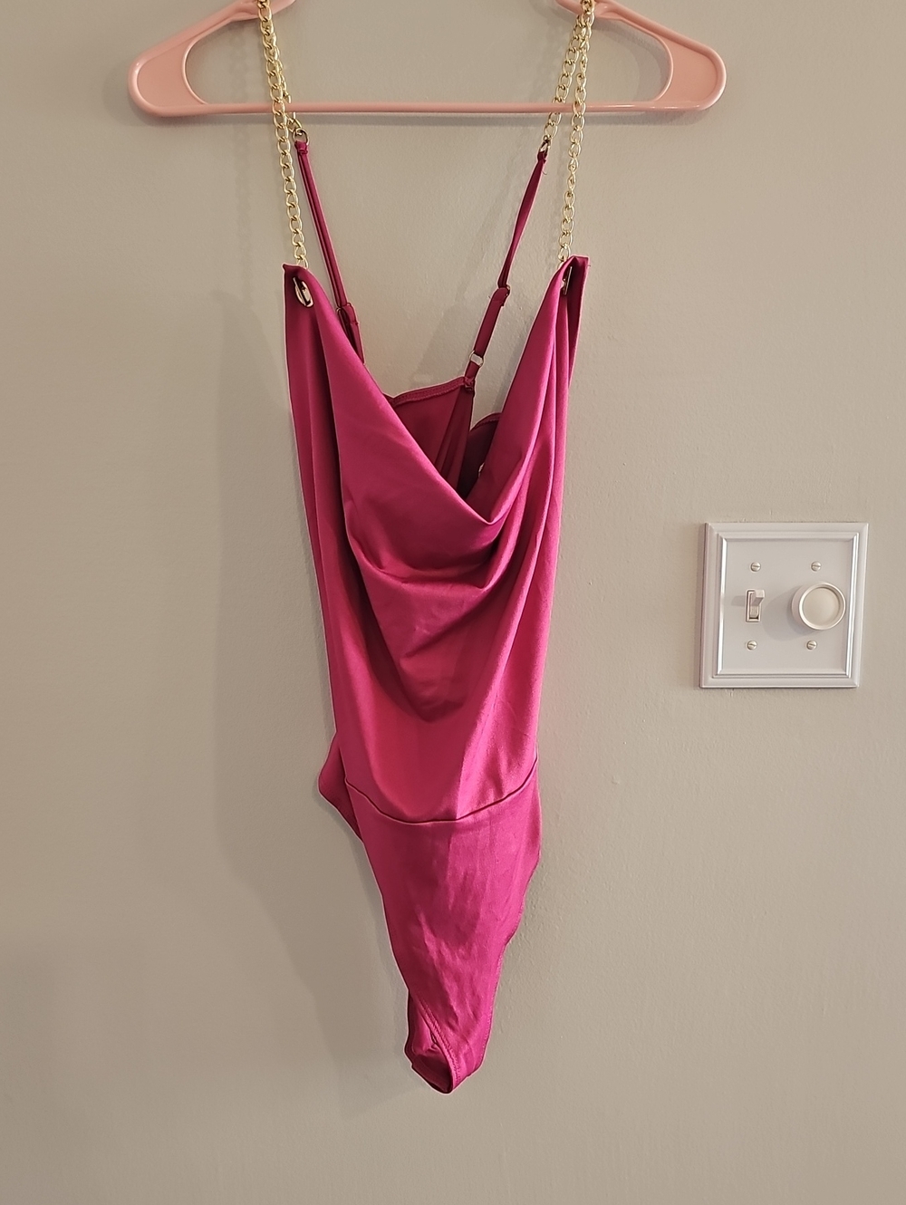 Guess Fuchsia Pink Chain Strap Cowl Neck Bodysuit